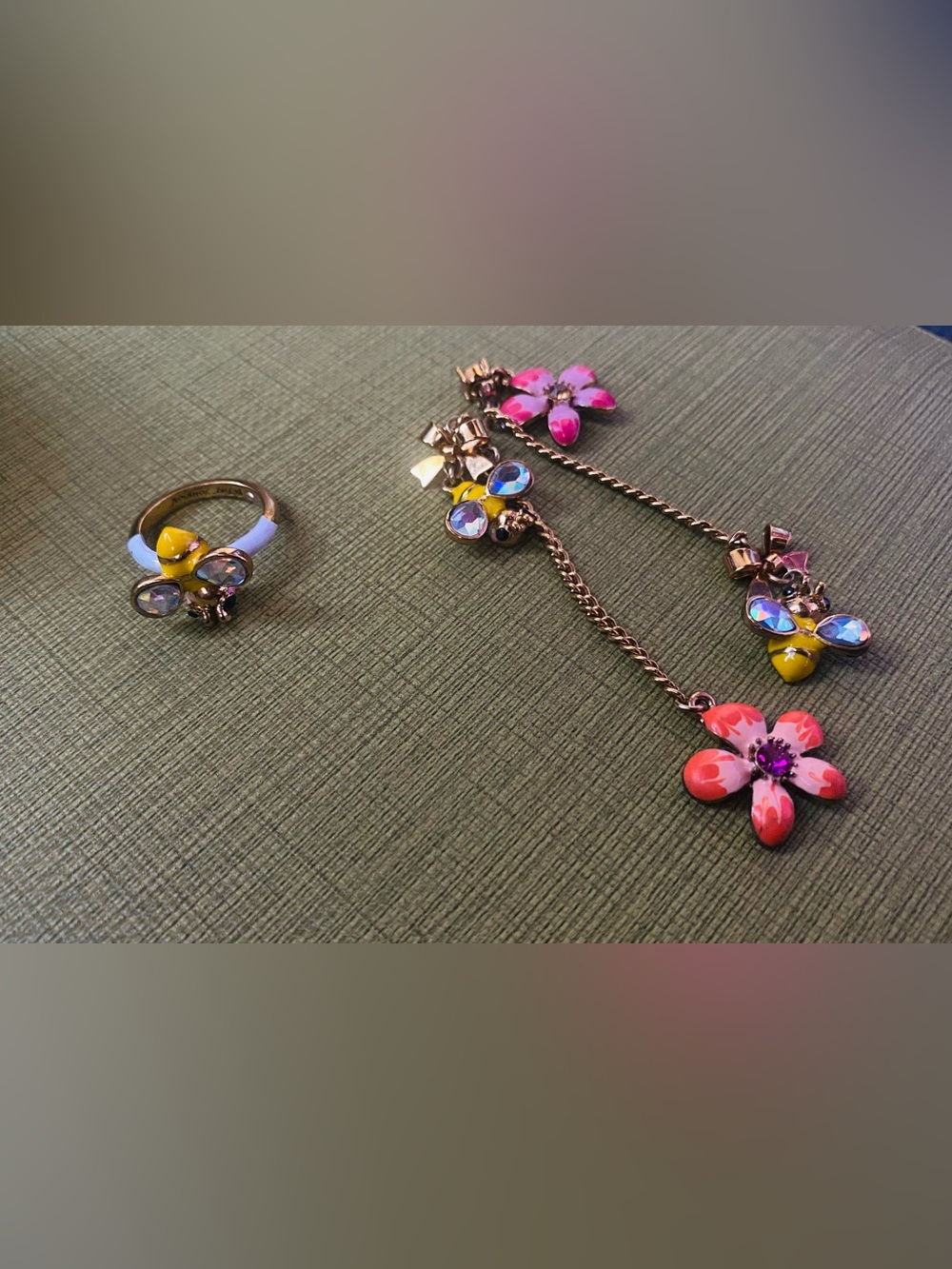 Betsey Johnson Pink & Yellow Floral Drop Earrings with Matching Ring